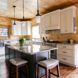 Custom Log Home Ktichen with White Painted Cabinets
