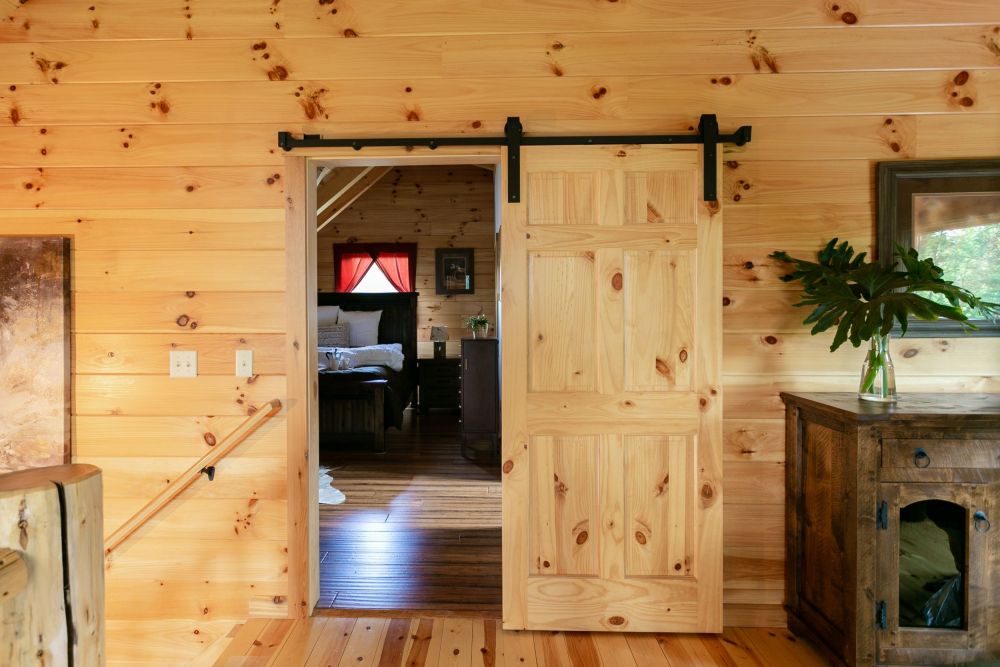 6 Panel Knotty Pine Interior Door on a Sliding Track - Clear Varnish