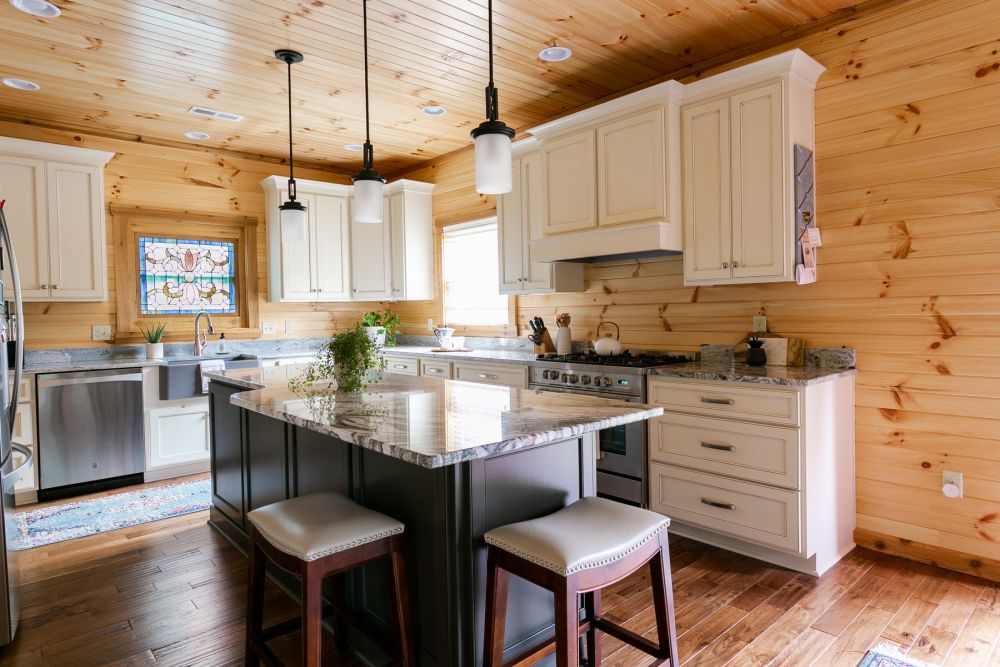 Custom Log Home Ktichen with White Painted Cabinets