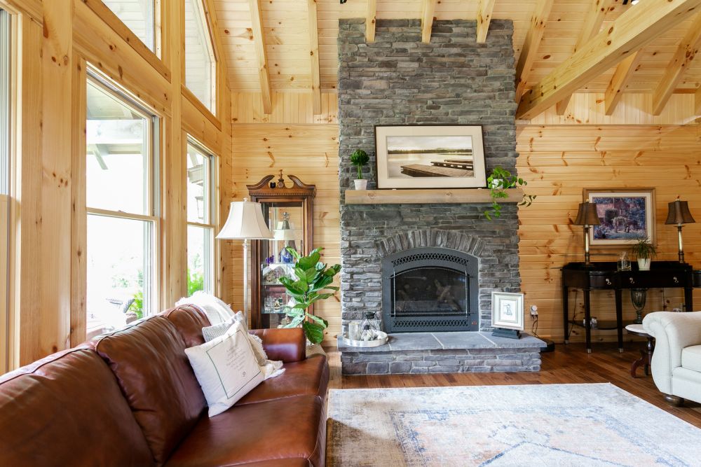 Stone Covered Fireplace with Gas Unit Insert 