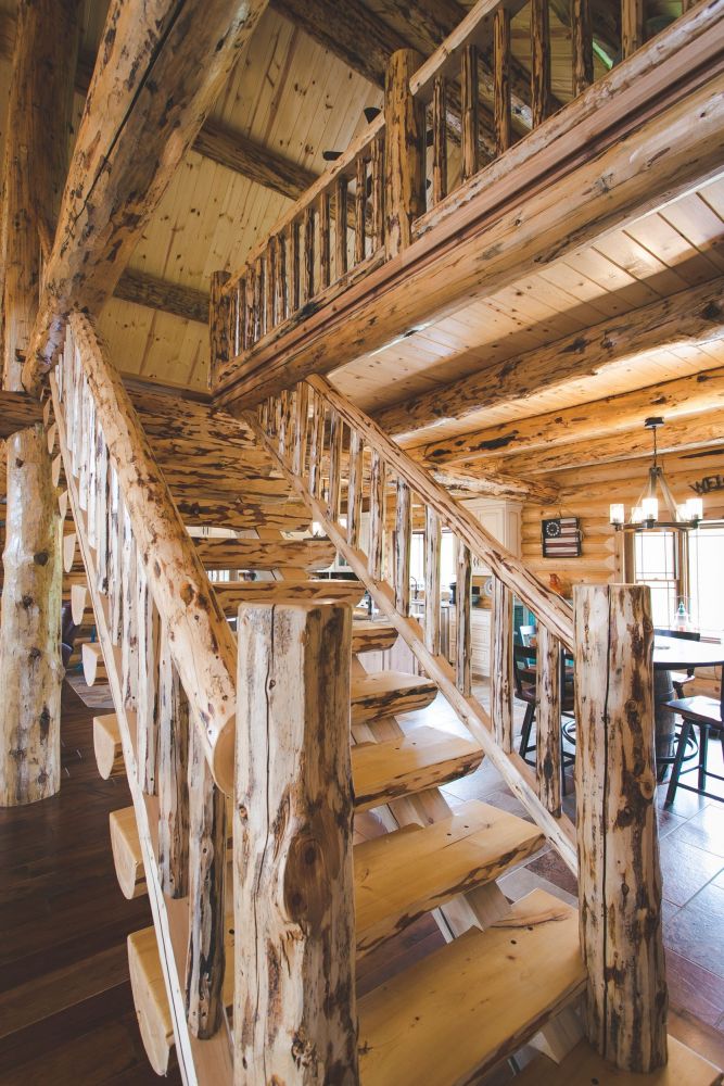 Rustic Half-Log Stairway to Loft 